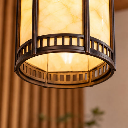 Traditional Pagoda Outdoor Hanging Light with Faux Alabaster &amp; Bronze Gold Aluminium Frame