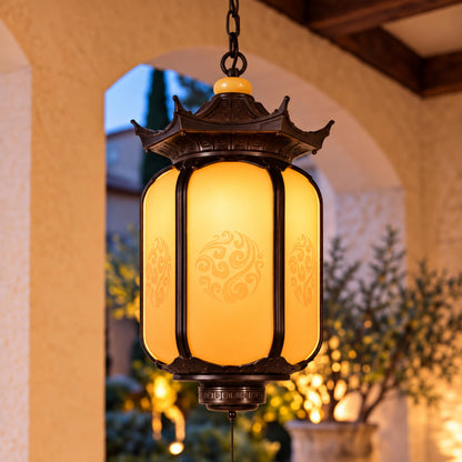 Traditional Pagoda Outdoor Pendant Light with Faux Alabaster Panels &amp; Bronze Gold Aluminium Frame
