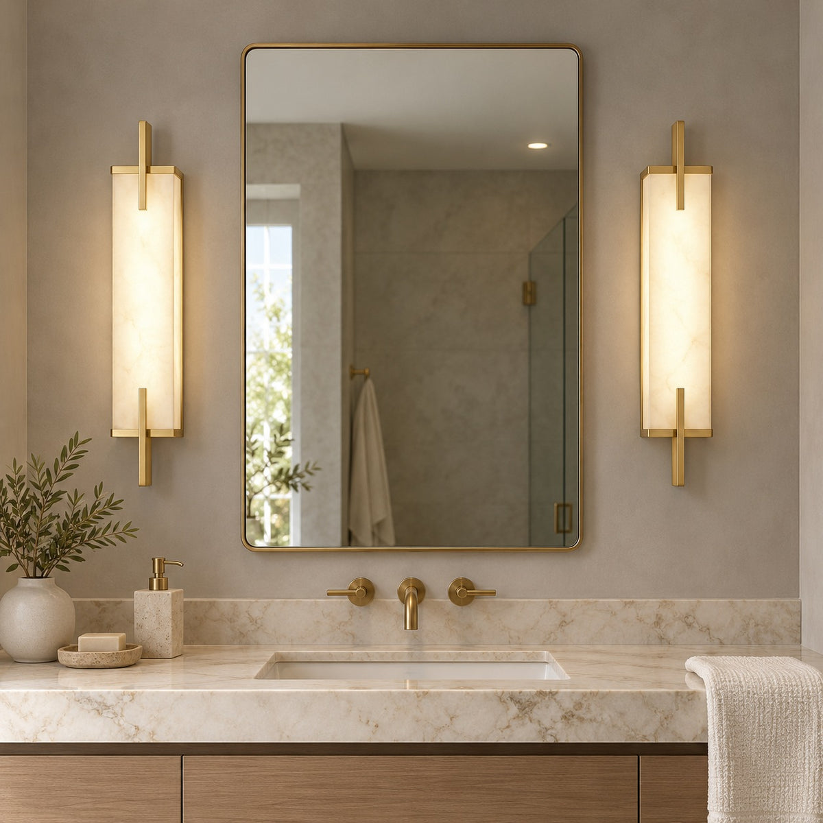 Modern Wall Sconce Wall Mounted Brass and Spanish Alabaster LED Lighting Adjustable Color Temperature