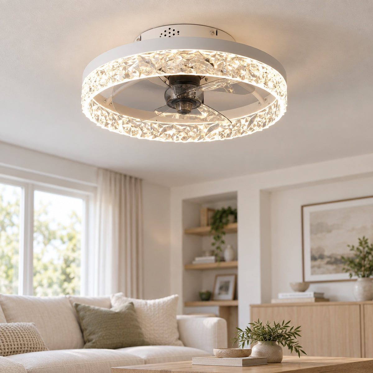 Modern Flush Mount Ceiling Fan with Lights Iron Frame Adjustable LED Color Temperature 3 Speed 1400LM