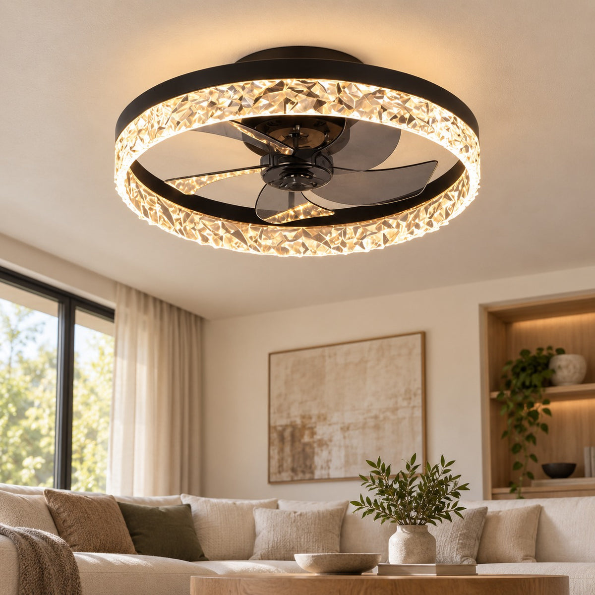 Modern Flush Mount Ceiling Fan with Lights Iron Frame Adjustable LED Color Temperature 3 Speed 1400LM