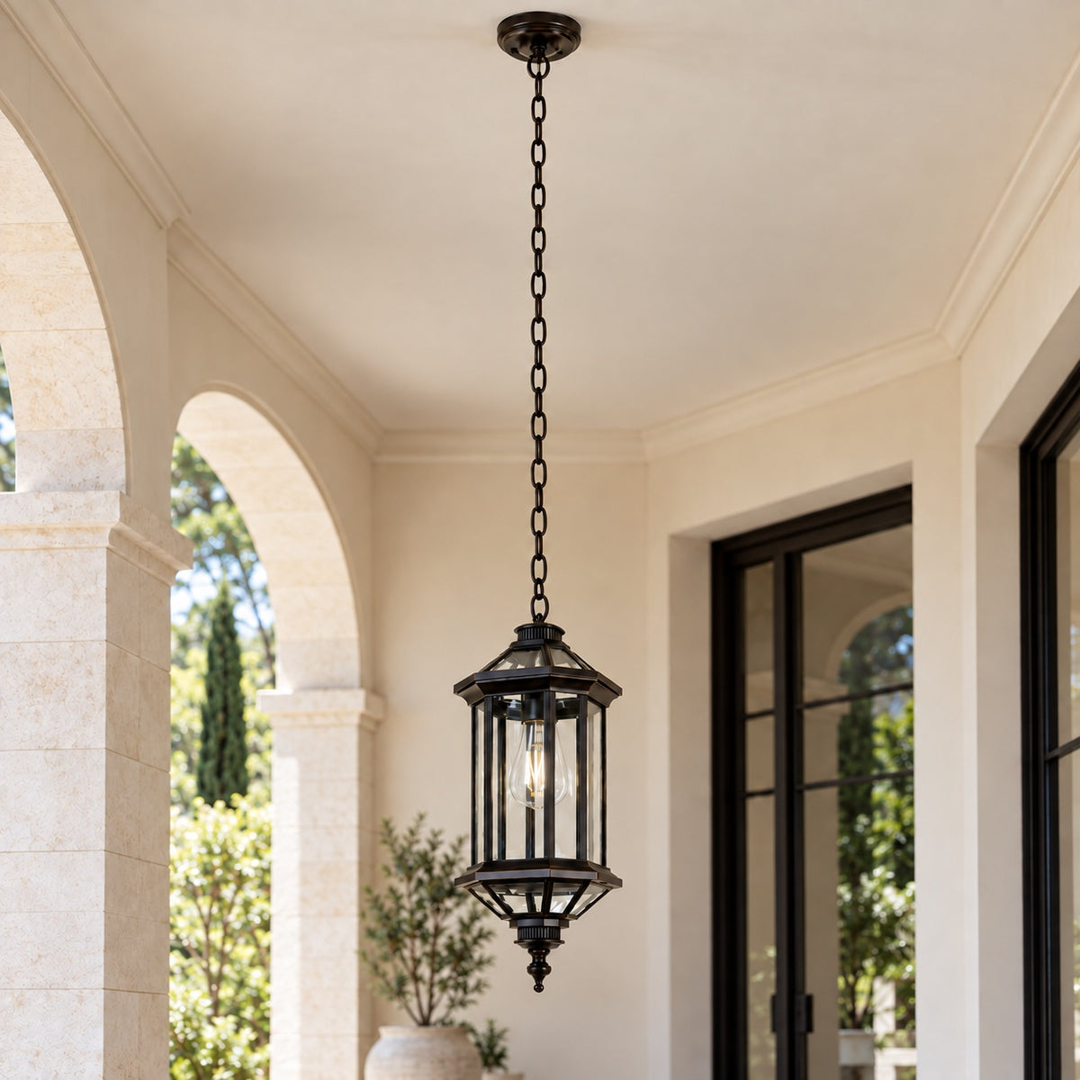 Traditional IP65 Outdoor Pendant Light with Clear Glass – Black Hanging Lantern