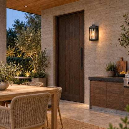 Modern IP65 Outdoor Wall Light with Clear Glass &amp; Sandblasted Black Aluminium Frame