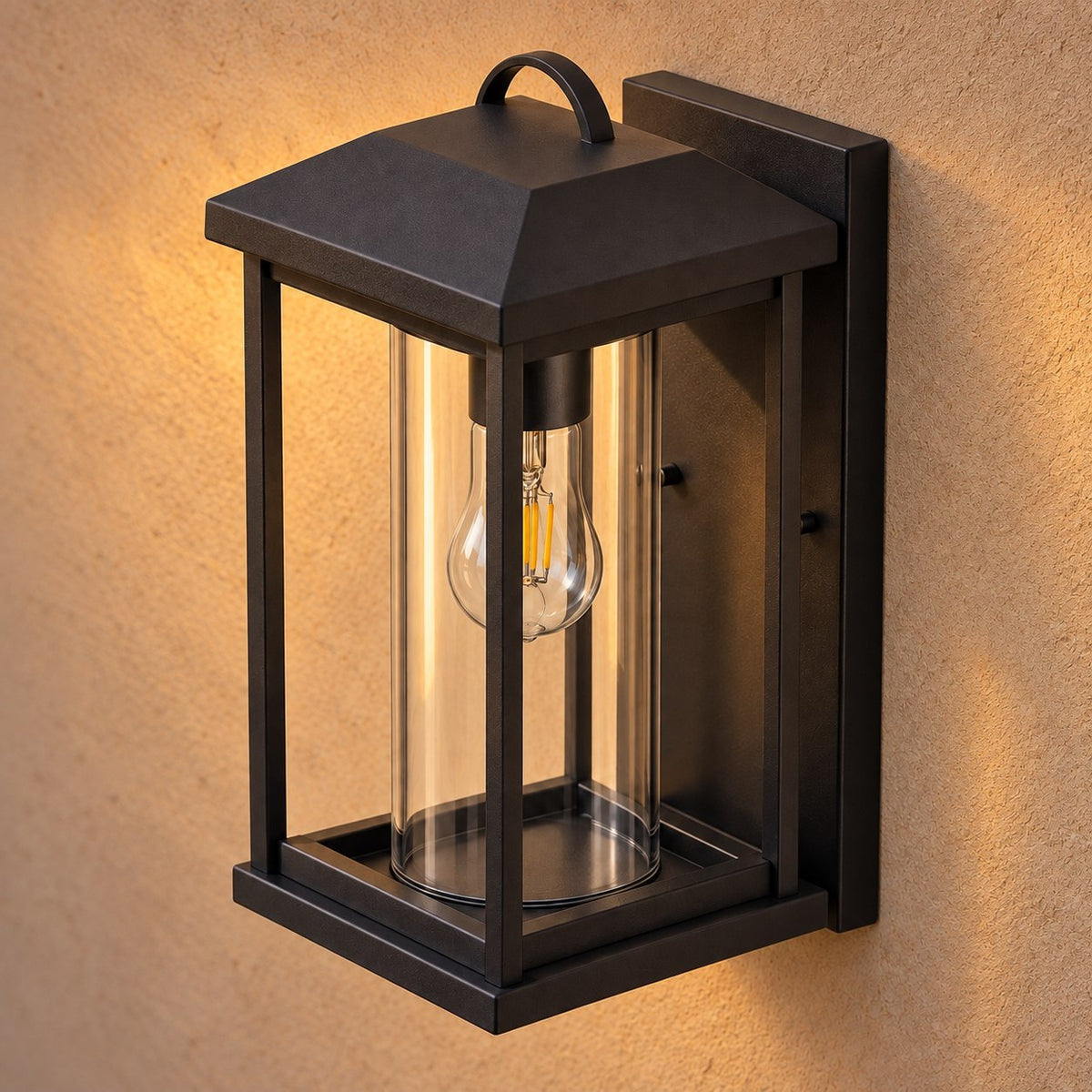 Modern IP65 Outdoor Wall Light with Clear Glass &amp; Sandblasted Black Aluminium Frame