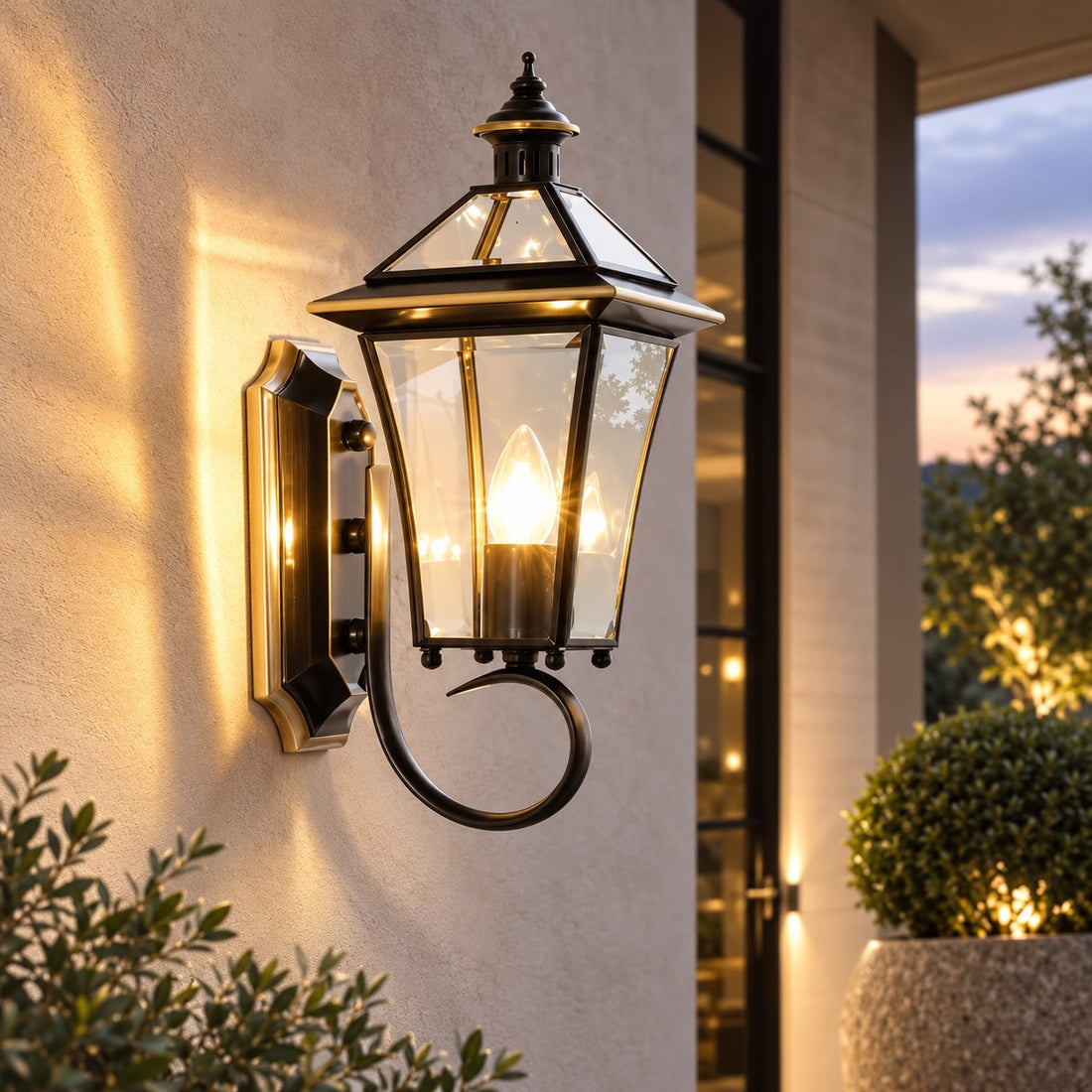 Retro Outdoor Wall Lantern Brass Frame Transparent Glass Shade Weatherproof E26 Compatible LED