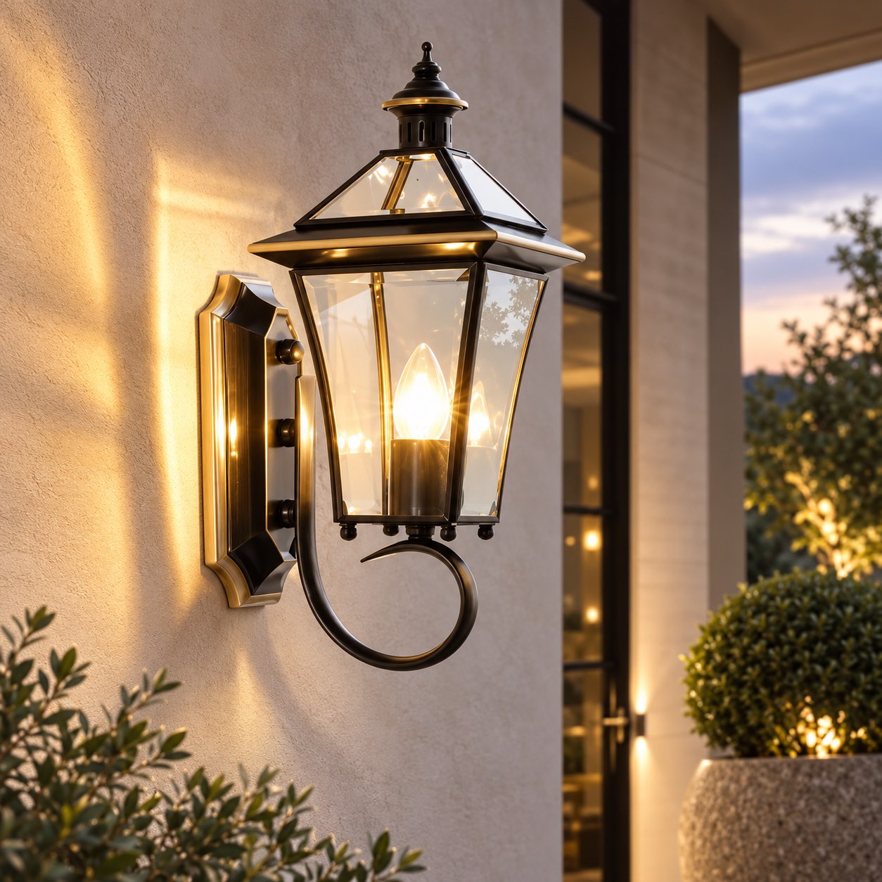 Retro Outdoor Wall Lantern Brass Frame Transparent Glass Shade Weatherproof E26 Compatible LED