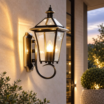 Retro Outdoor Wall Lantern Brass Frame Transparent Glass Shade Weatherproof E26 Compatible LED
