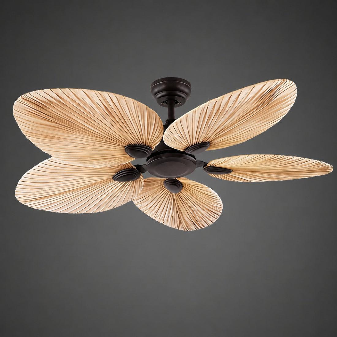 Modern Ceiling Fan with Palm Leaf Blades Iron Frame Remote Control Quiet Motor Reversible Airflow