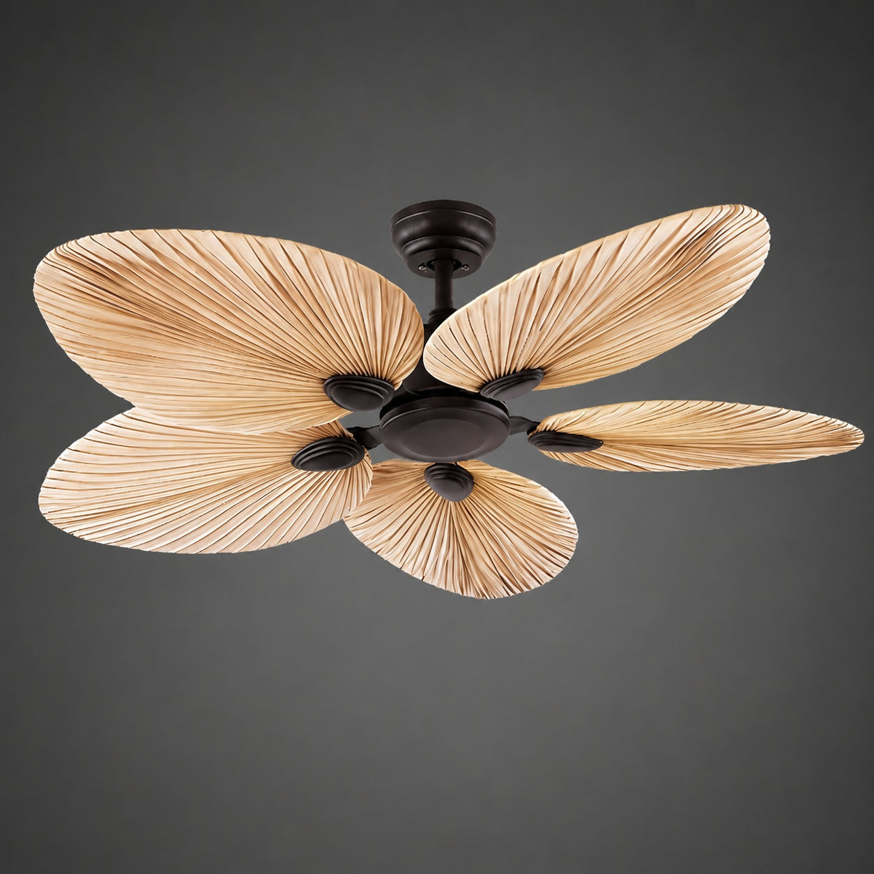 Modern Ceiling Fan with Palm Leaf Blades Iron Frame Remote Control Quiet Motor Reversible Airflow