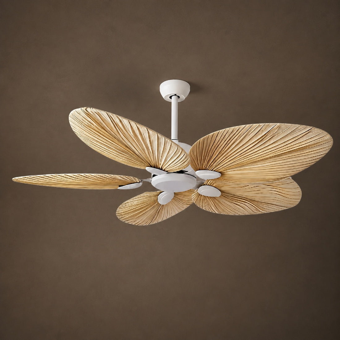 Modern Ceiling Fan with Palm Leaf Blades Iron Frame Remote Control Quiet Motor Reversible Airflow