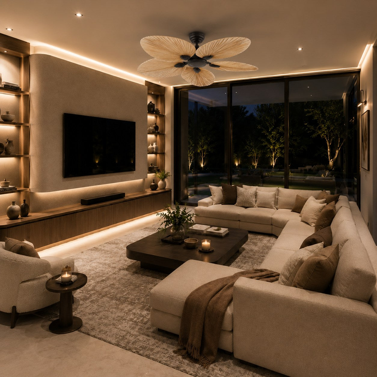 Modern Ceiling Fan with Palm Leaf Blades Iron Frame Remote Control Quiet Motor Reversible Airflow