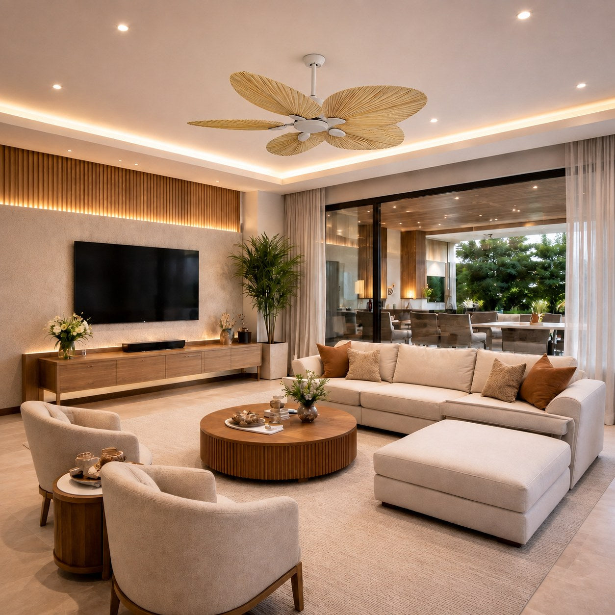 Modern Ceiling Fan with Palm Leaf Blades Iron Frame Remote Control Quiet Motor Reversible Airflow