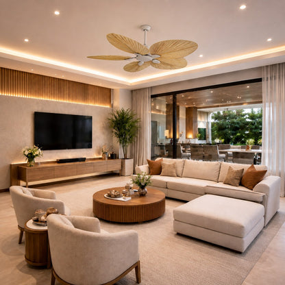 Modern Ceiling Fan with Palm Leaf Blades Iron Frame Remote Control Quiet Motor Reversible Airflow