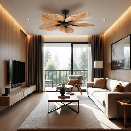 Modern Ceiling Fan with Palm Leaf Blades Iron Frame Remote Control Quiet Motor Reversible Airflow