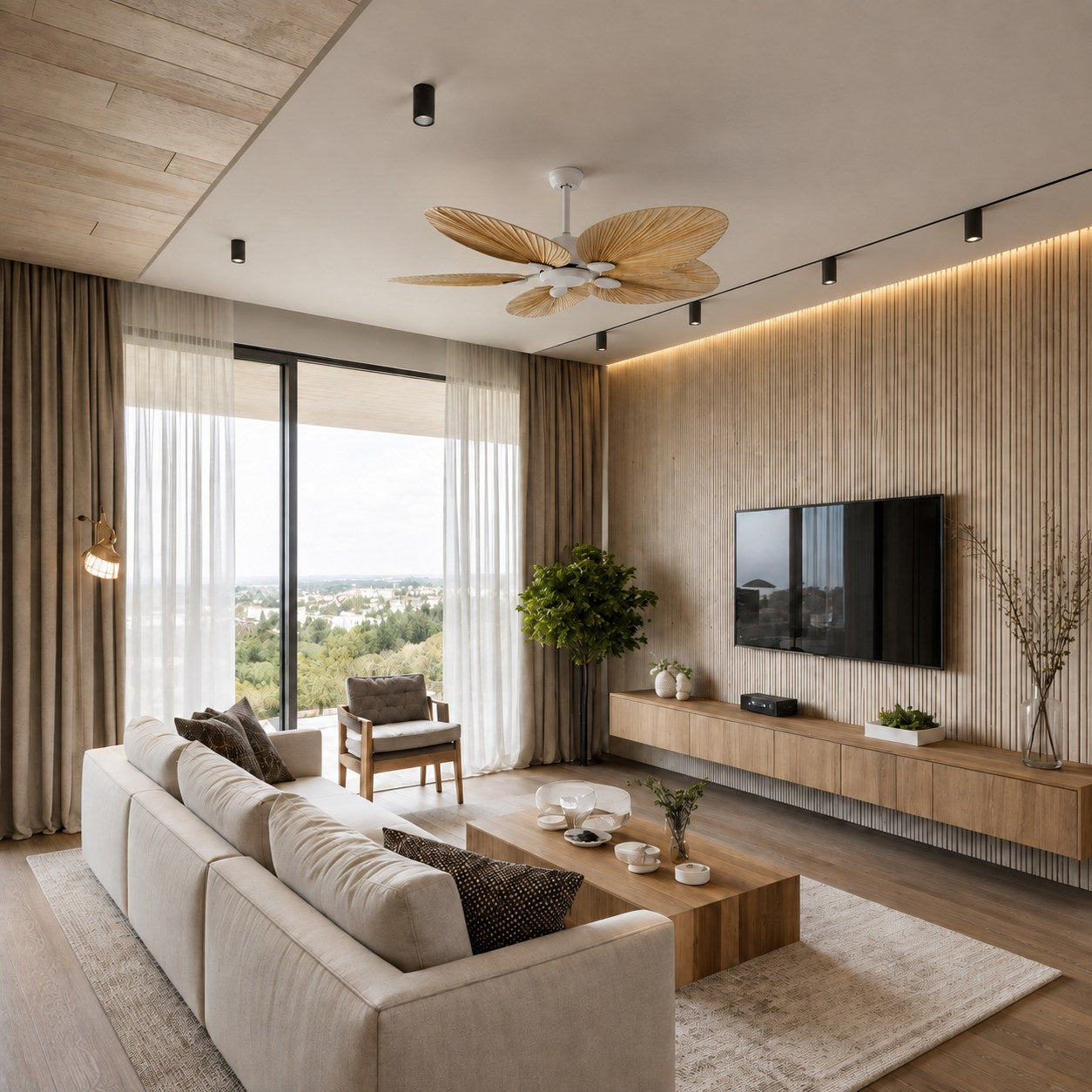 Modern Ceiling Fan with Palm Leaf Blades Iron Frame Remote Control Quiet Motor Reversible Airflow