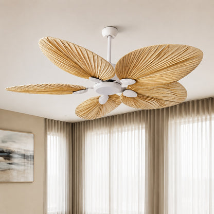 Modern Ceiling Fan with Palm Leaf Blades Iron Frame Remote Control Quiet Motor Reversible Airflow