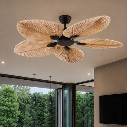 Modern Ceiling Fan with Palm Leaf Blades Iron Frame Remote Control Quiet Motor Reversible Airflow