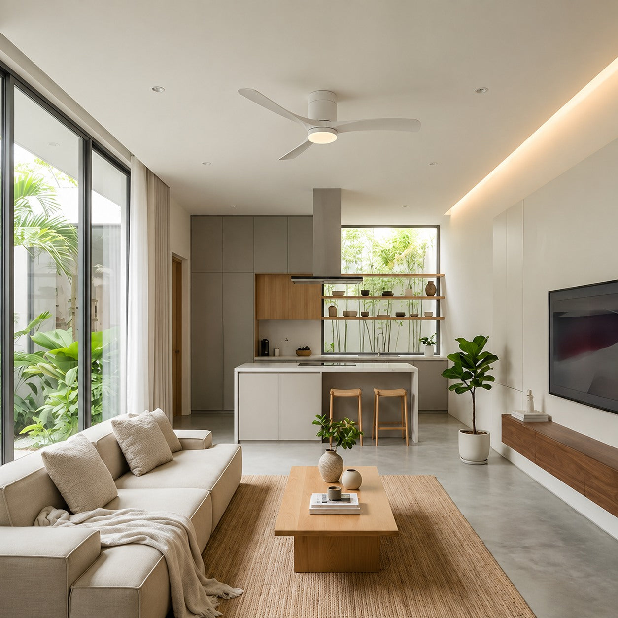 Modern Flush Mount Ceiling Fan with LED Light DC Motor 2400 Lumens Adjustable Color Temperature