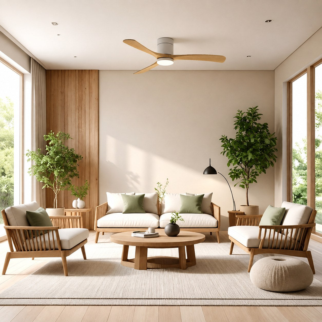 Modern Flush Mount Ceiling Fan with LED Light DC Motor 2400 Lumens Adjustable Color Temperature