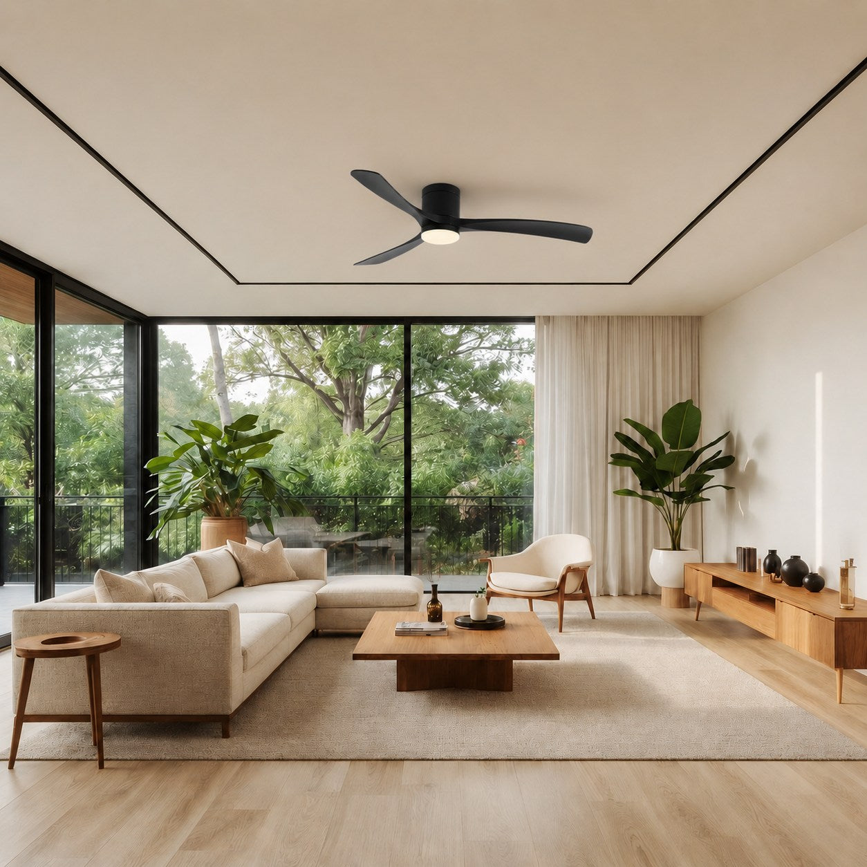 Modern Flush Mount Ceiling Fan with LED Light DC Motor 2400 Lumens Adjustable Color Temperature