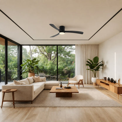 Modern Flush Mount Ceiling Fan with LED Light DC Motor 2400 Lumens Adjustable Color Temperature