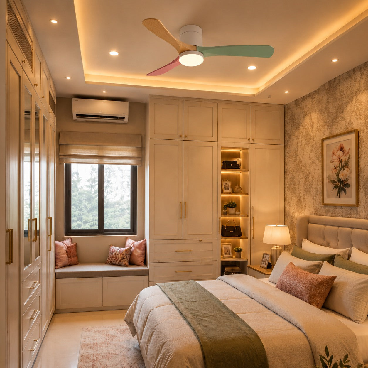 Modern Flush Mount Ceiling Fan with LED Light DC Motor 2400 Lumens Adjustable Color Temperature
