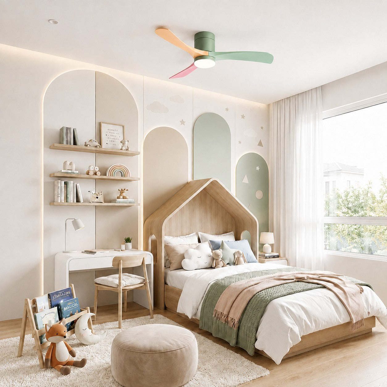 Modern Flush Mount Ceiling Fan with LED Light DC Motor 2400 Lumens Adjustable Color Temperature