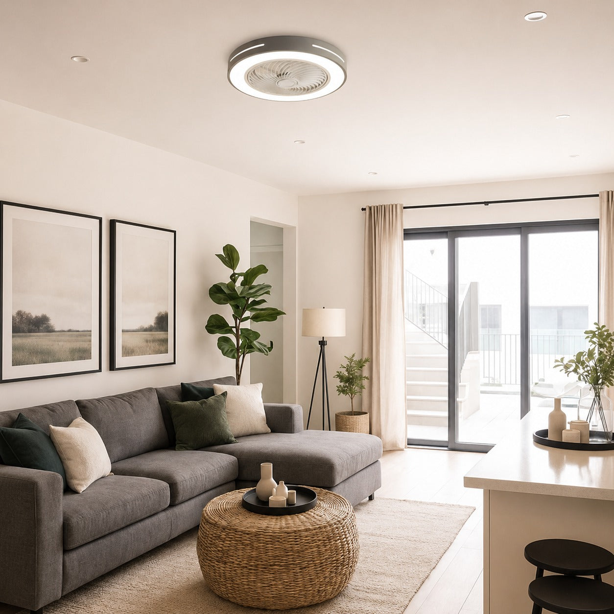 Modern Bladeless Ceiling Fan with Lights Flush Mount Iron Adjustable 72W LED Lighting