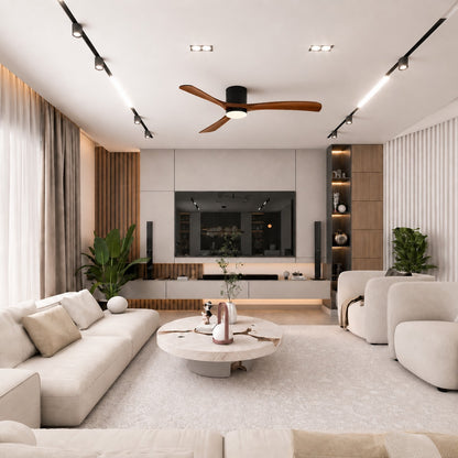 Modern Flush Mount Ceiling Fan with LED Light DC Motor 2400 Lumens Adjustable Color Temperature