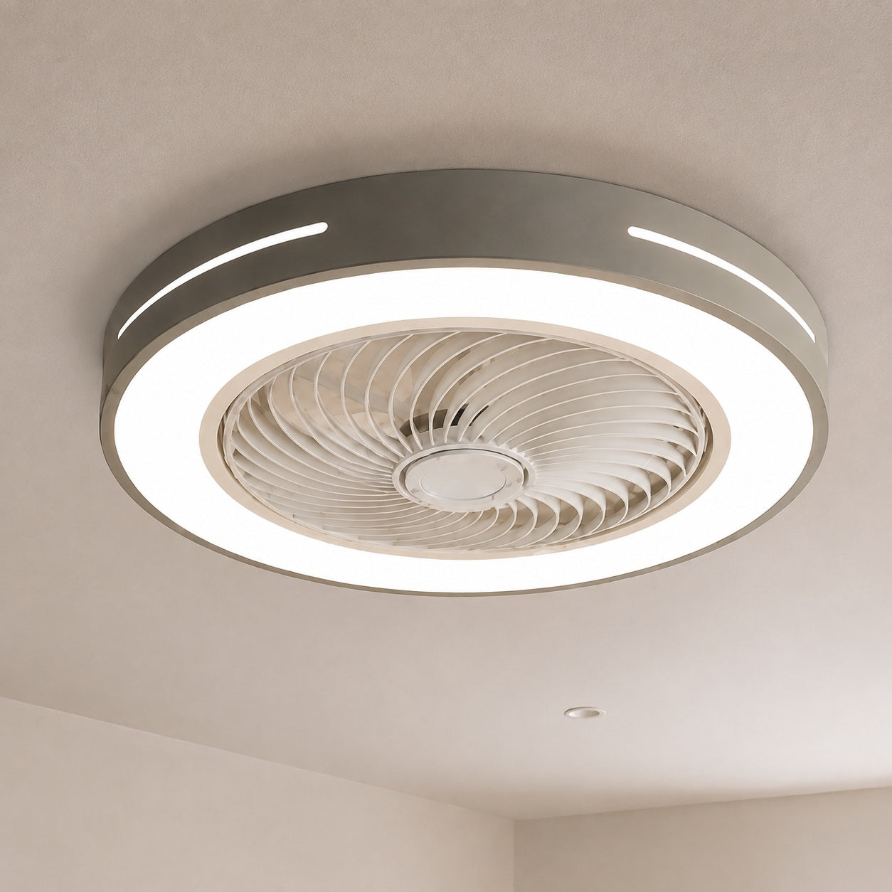 Modern Bladeless Ceiling Fan with Lights Flush Mount Iron Adjustable 72W LED Lighting