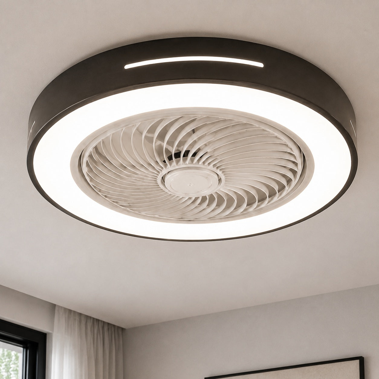 Modern Bladeless Ceiling Fan with Lights Flush Mount Iron Adjustable 72W LED Lighting