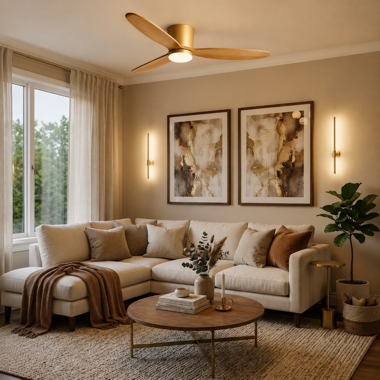 Modern Ceiling Fan with Lights Flush Mount Copper Blades LED 6-Speed DC Motor 2400lm