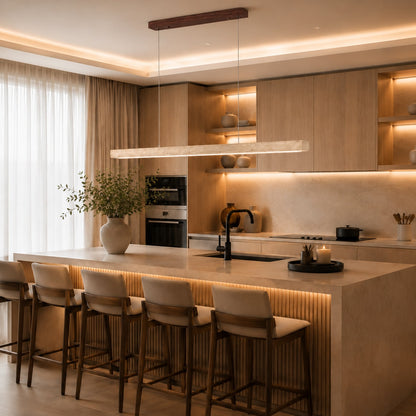 Modern Pendant Lamp Adjustable Height LED Lighting Travertine Shade for Kitchen Island
