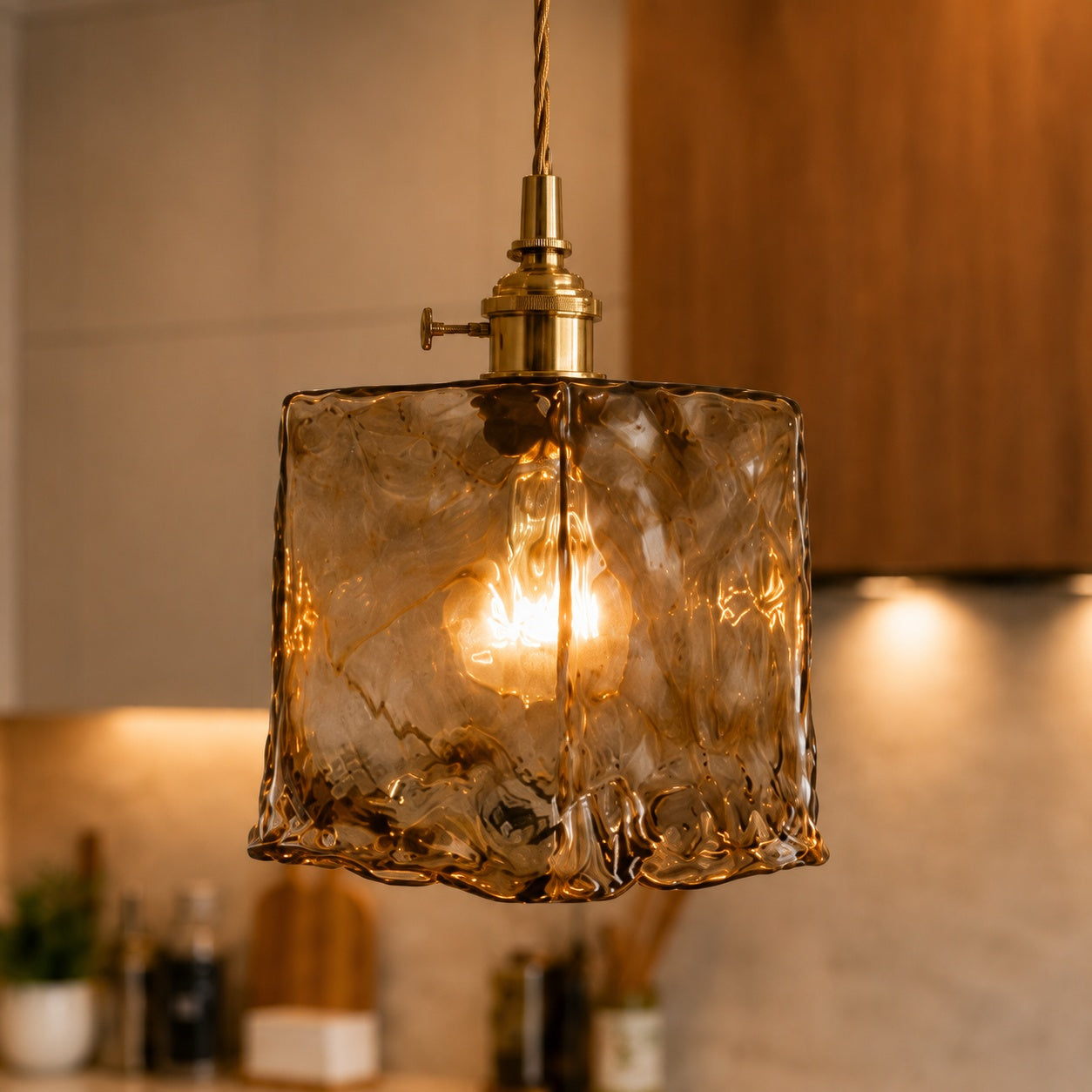Vintage Industrial Pendant Lamp Adjustable Hanging Brass Fixture Amber Glass Shade Indoor Lighting