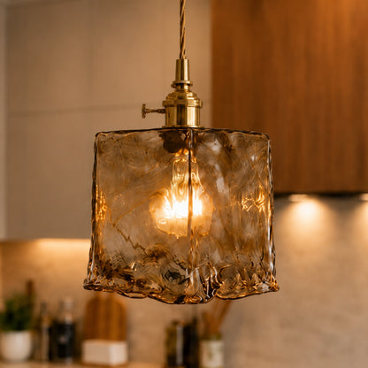 Vintage Industrial Pendant Lamp Adjustable Hanging Brass Fixture Amber Glass Shade Indoor Lighting