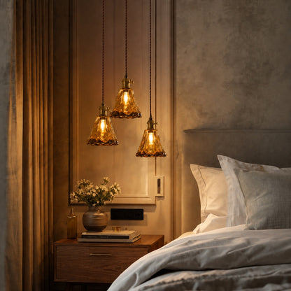Vintage Industrial Pendant Lamp Adjustable Hanging Brass Fixture Amber Glass Shade Indoor Lighting