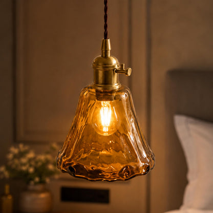 Vintage Industrial Pendant Lamp Adjustable Hanging Brass Fixture Amber Glass Shade Indoor Lighting