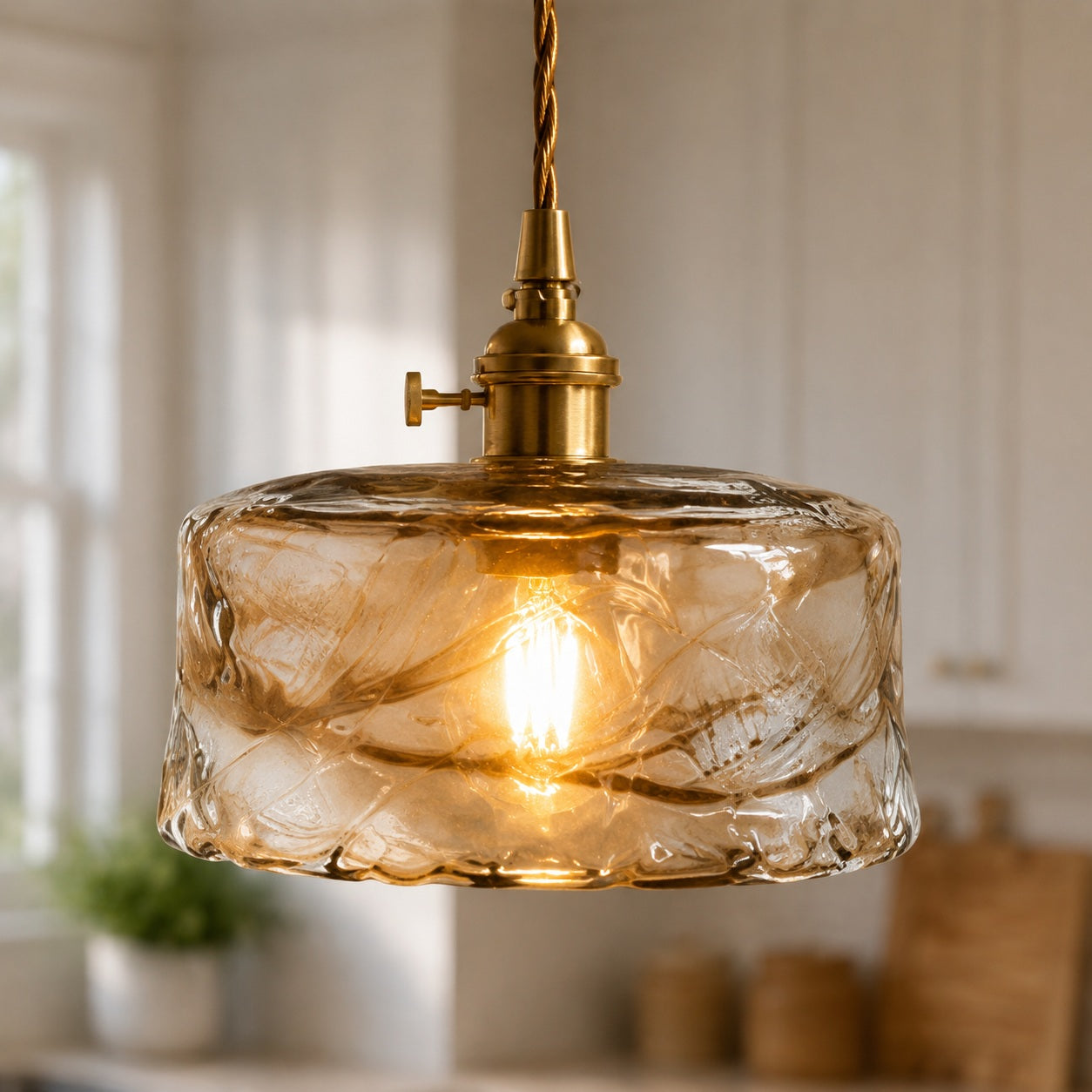Vintage Industrial Pendant Lamp Adjustable Hanging Brass Fixture Amber Glass Shade Indoor Lighting