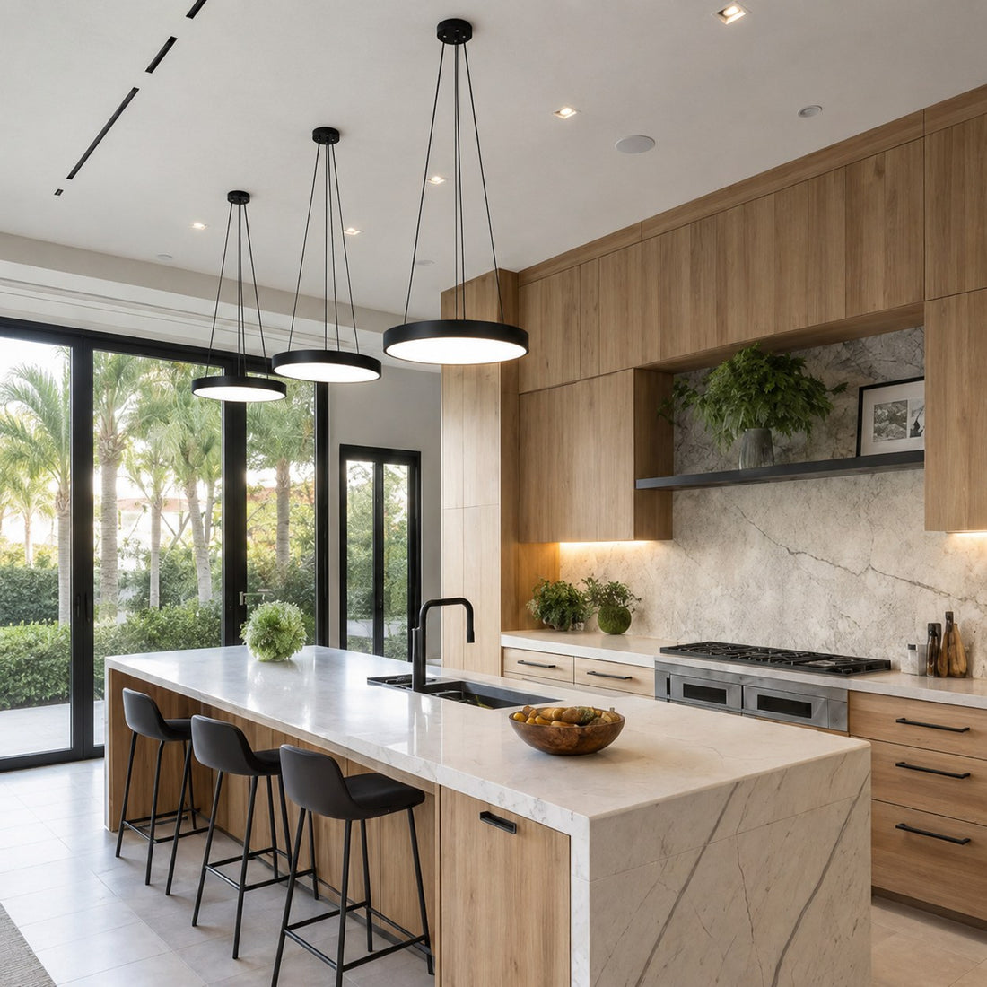 Modern Round Pendant Light Adjustable Hanging Metal Acrylic LED Dimmable Ceiling Light Fixture