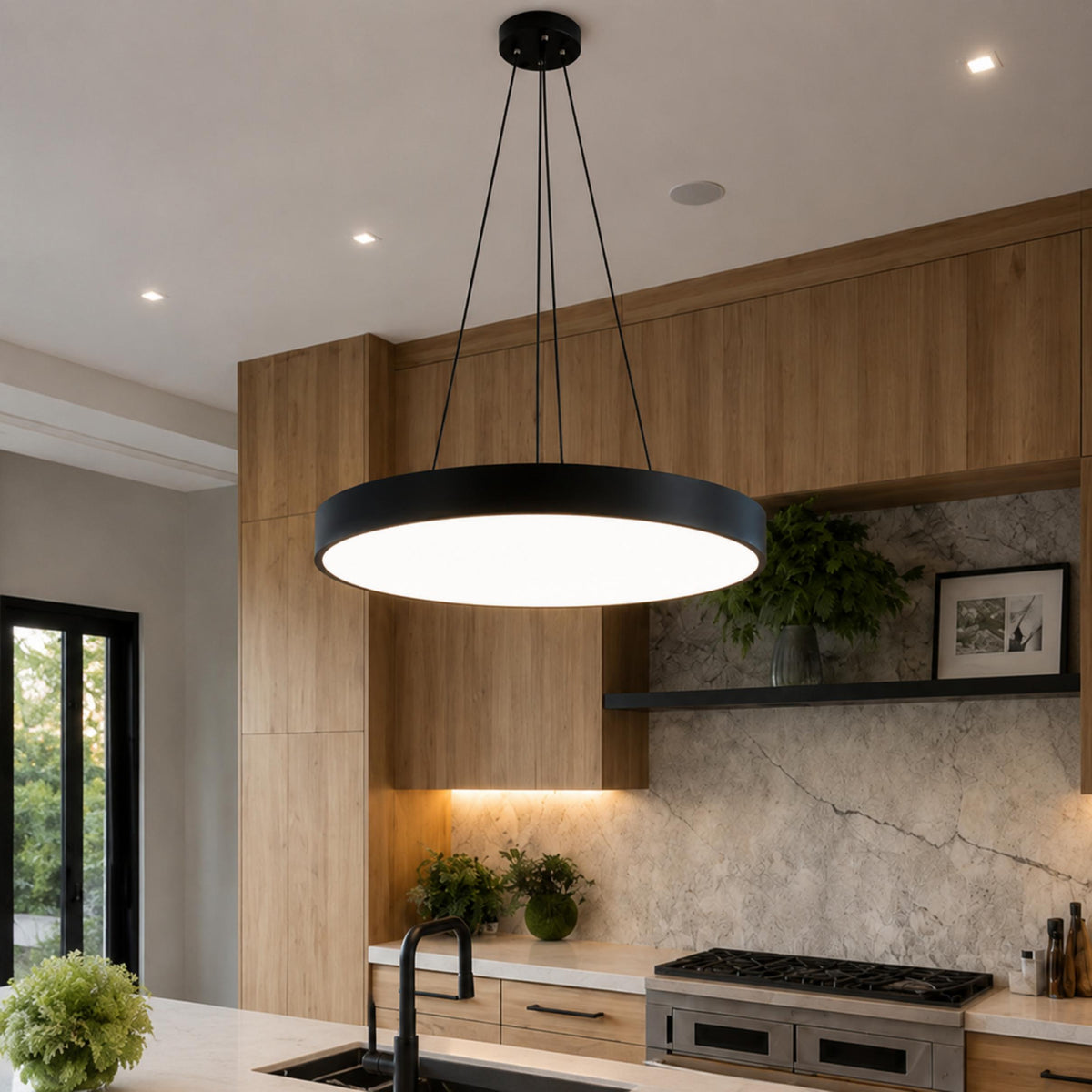 Modern Round Pendant Light Adjustable Hanging Metal Acrylic LED Dimmable Ceiling Light Fixture
