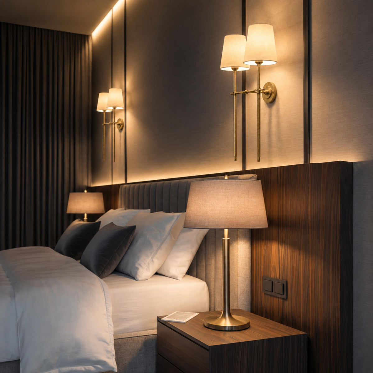 Modern Wall Sconce Indoor Light Wall Mounted Brass Tapered Fabric Shade LED Compatible