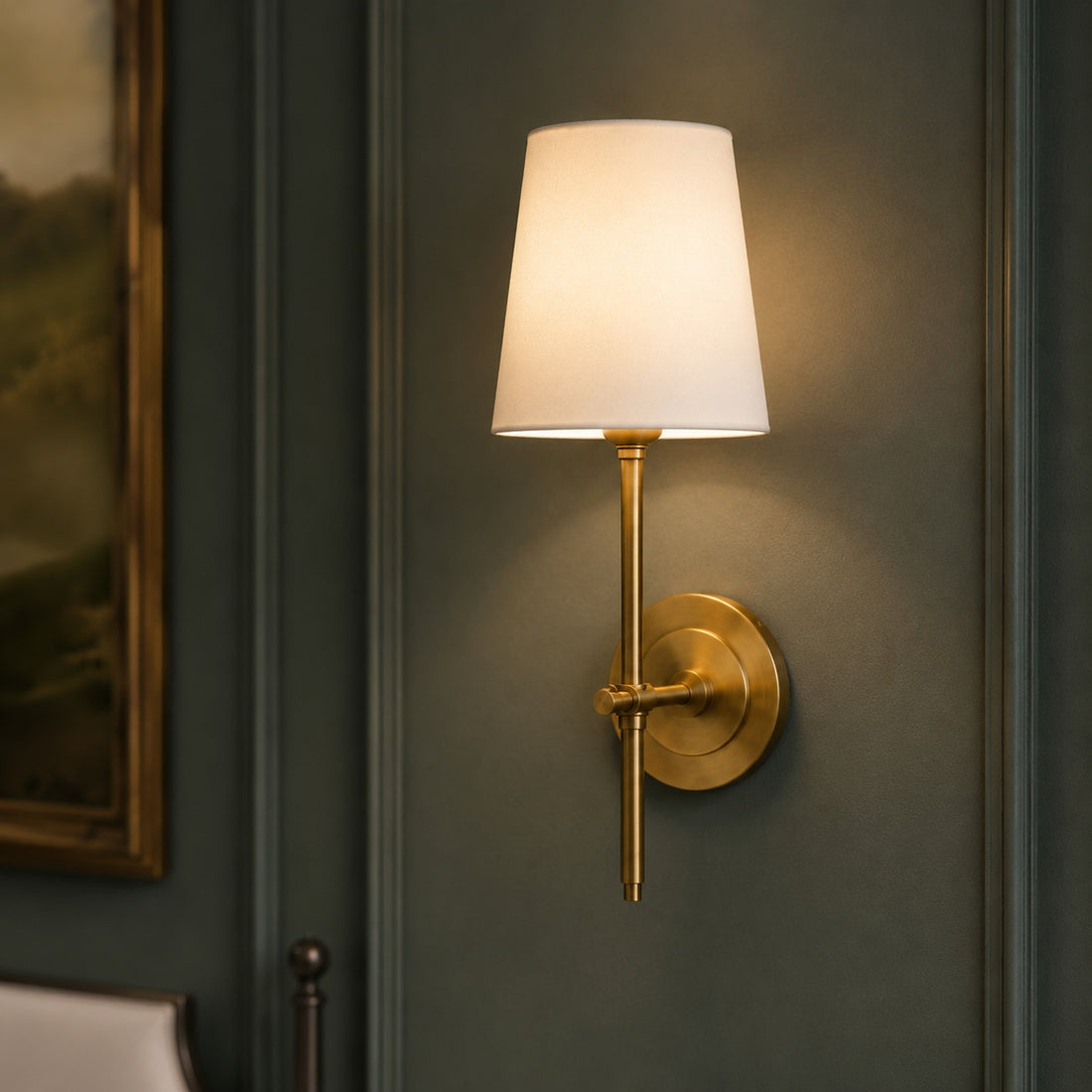 Modern Wall Sconce Indoor Light Wall Mounted Brass Tapered Fabric Shade LED Compatible