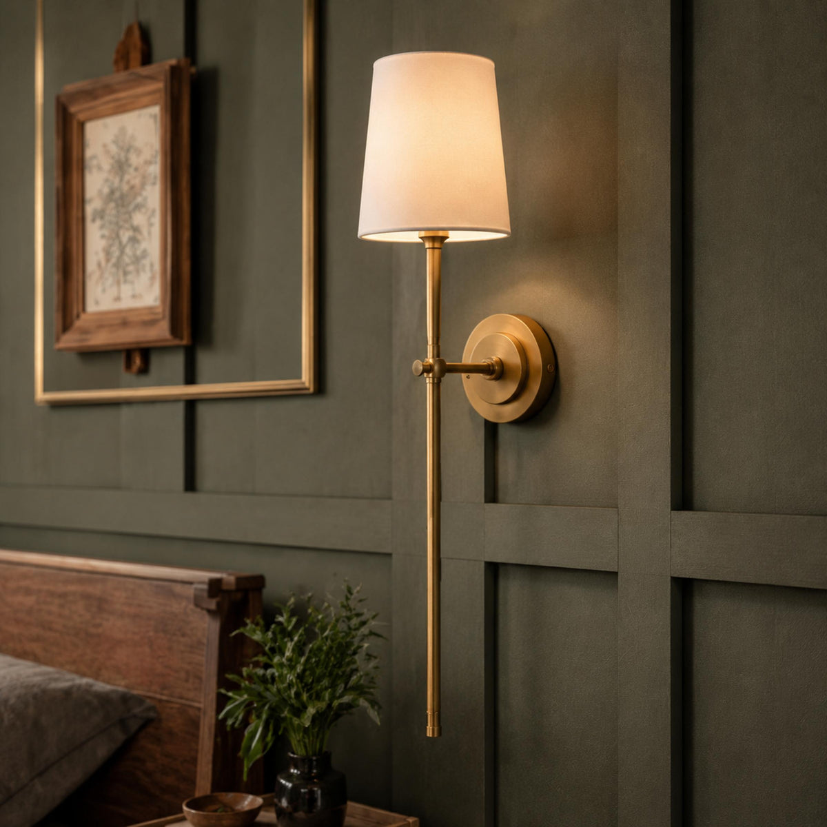 Modern Wall Sconce Indoor Light Wall Mounted Brass Tapered Fabric Shade LED Compatible