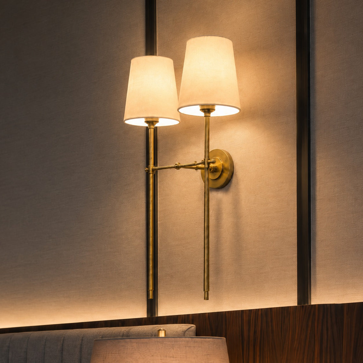 Modern Wall Sconce Indoor Light Wall Mounted Brass Tapered Fabric Shade LED Compatible