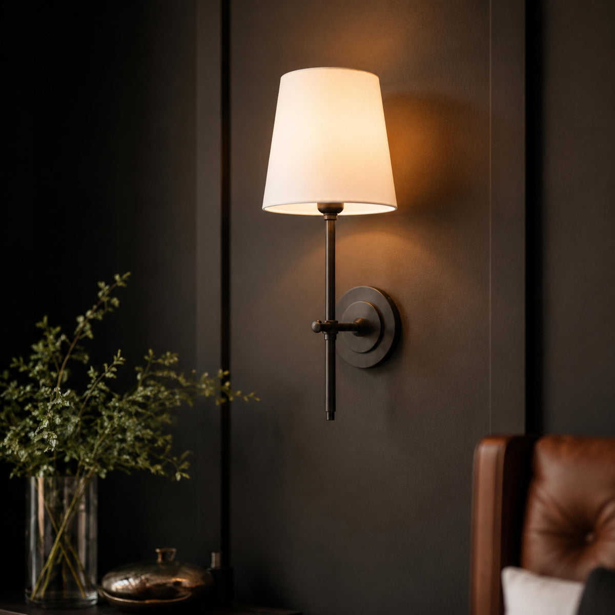 Modern Wall Sconce Indoor Light Wall Mounted Brass Tapered Fabric Shade LED Compatible