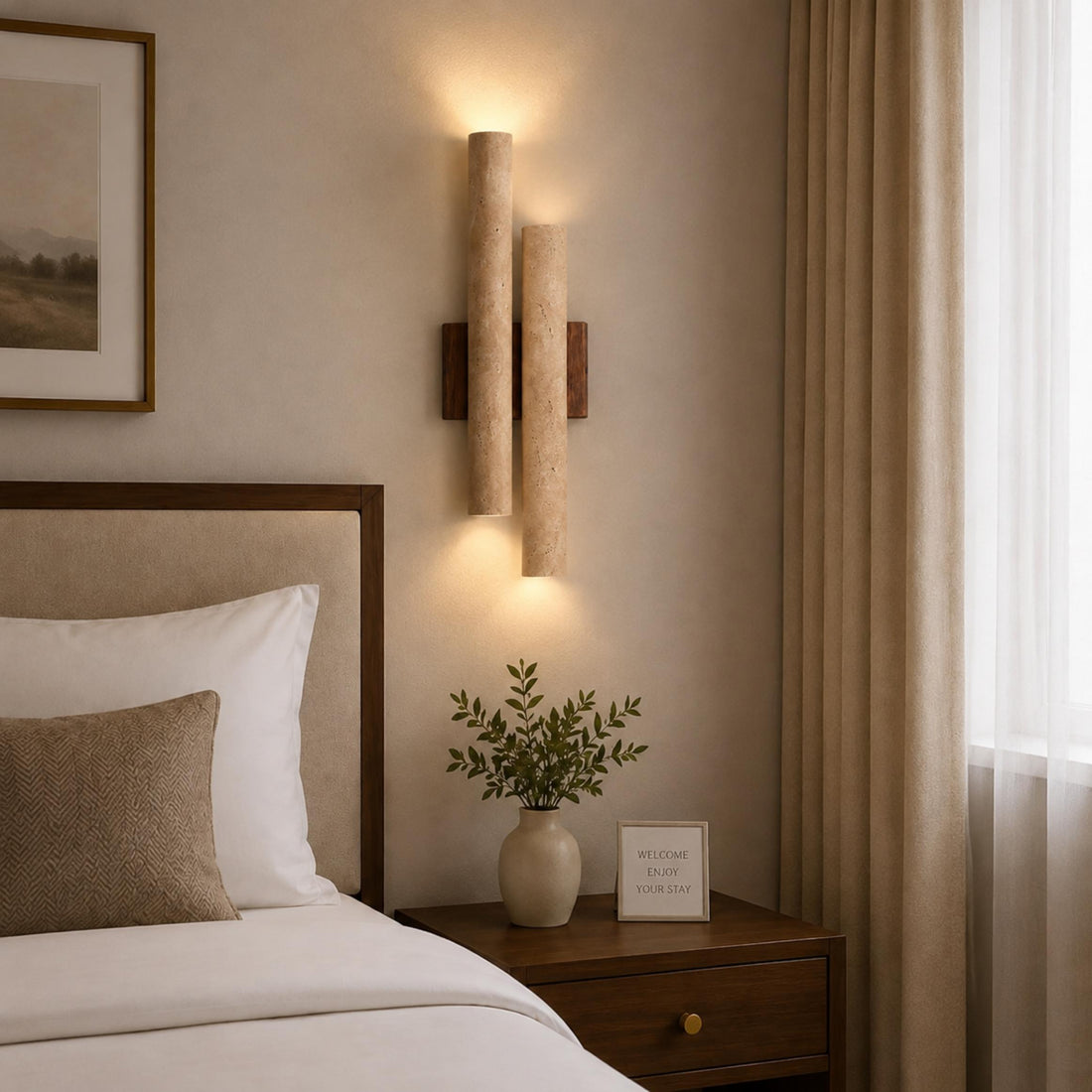 Modern Wall Light Wall Mounted Natural Travertine Shade Walnut Wood Base LED Compatible G9 Bulb