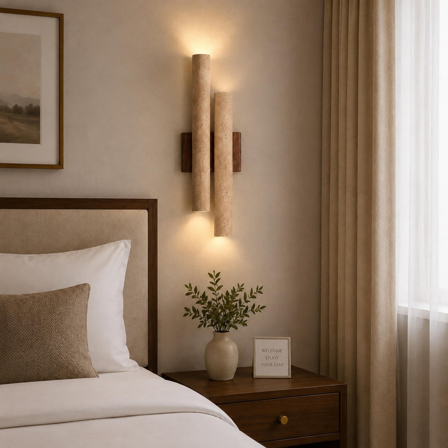 Modern Wall Light Wall Mounted Natural Travertine Shade Walnut Wood Base LED Compatible G9 Bulb