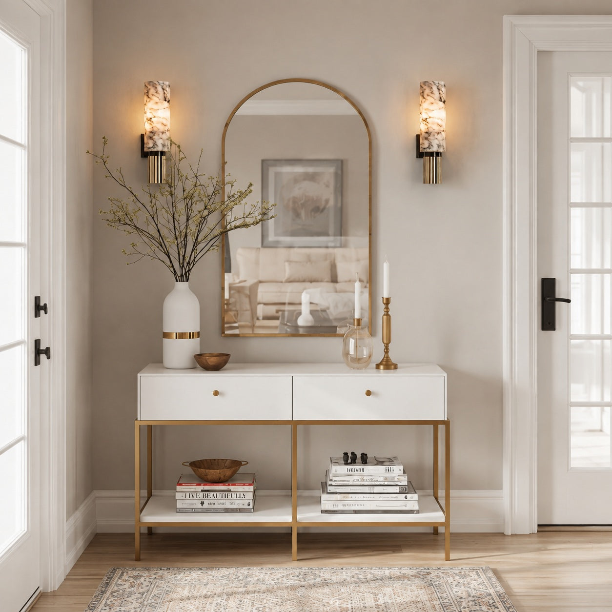 Contemporary Wall Light Wall Mounted Alabaster Cylinder Fluted Copper Base LED Sconce 38cm