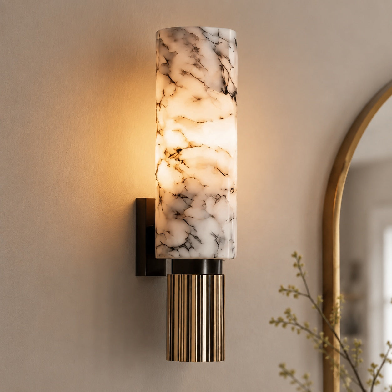 Contemporary Wall Light Wall Mounted Alabaster Cylinder Fluted Copper Base LED Sconce 38cm