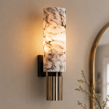 Contemporary Wall Light Wall Mounted Alabaster Cylinder Fluted Copper Base LED Sconce 38cm